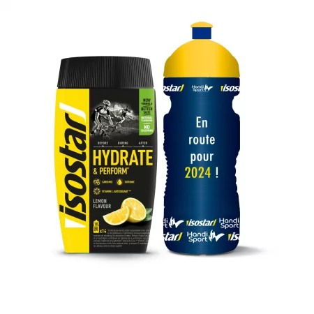 Изотонична разтворима напитка на прах hydrate&perform 560 г, лимон + бутилка 0,65 л